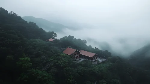 Tranquil Cabin Among Misty Mountains