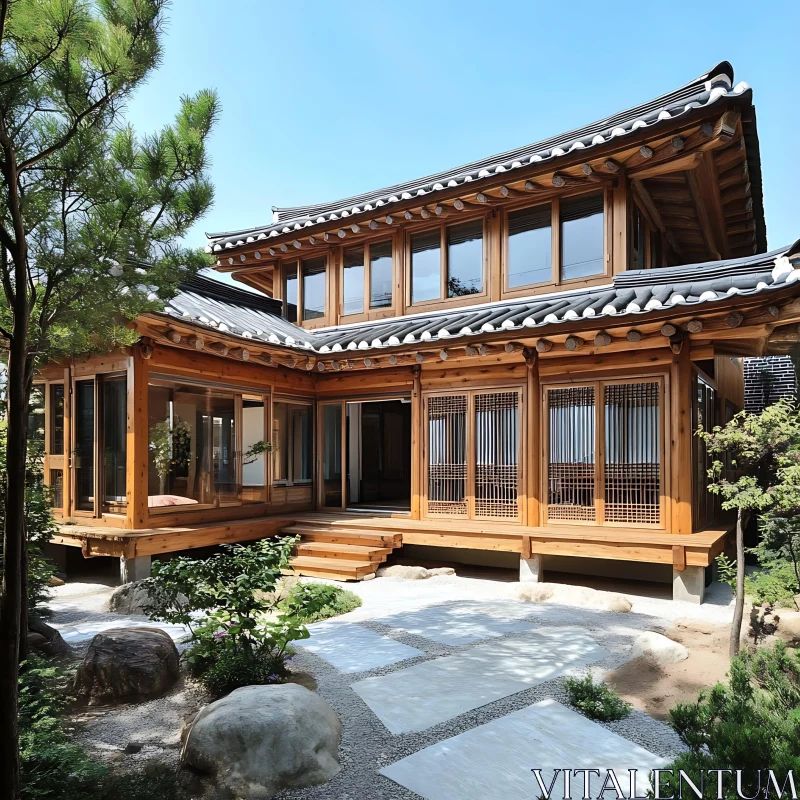 Japanese Wooden House with Lush Garden AI Image