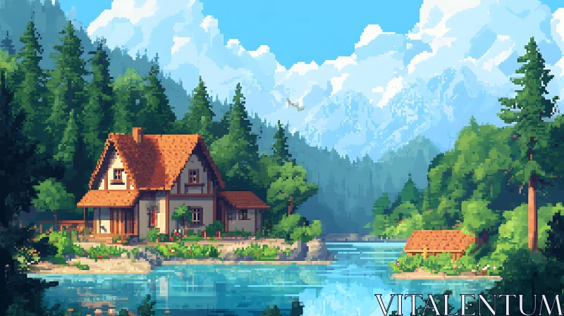 AI ART Tranquil Cabin by Scenic Lake and Mountain View