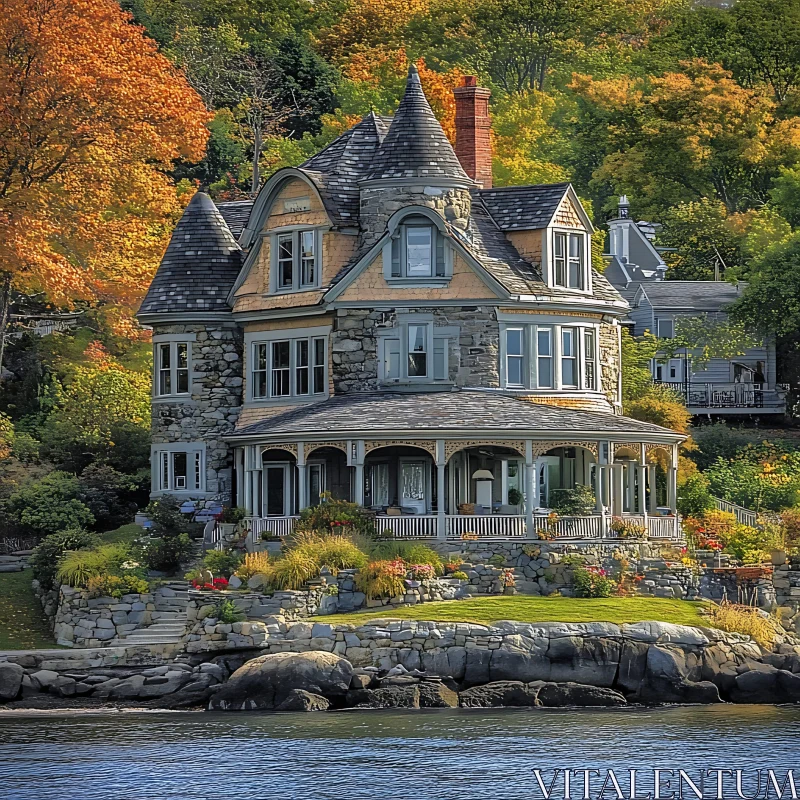 Scenic Autumn Mansion by the Water AI Image