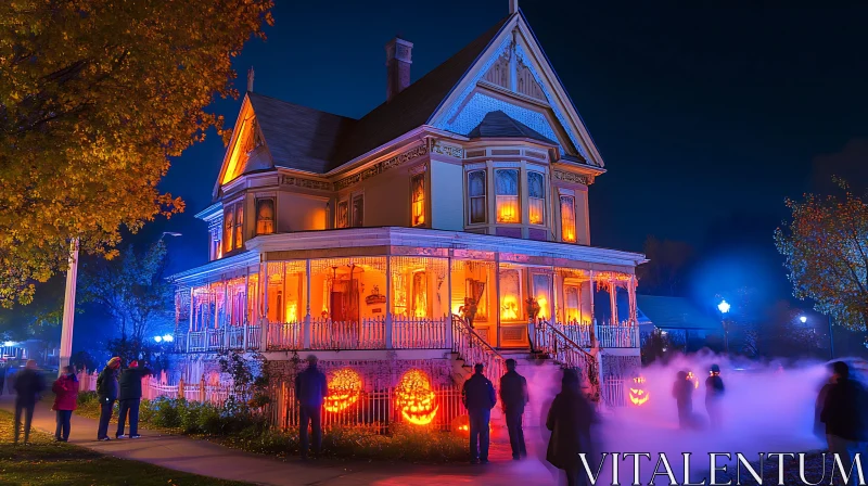 Spooky Victorian House on Halloween Night AI Image