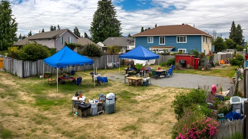 Suburban Neighborhood Backyard Setup with Tents