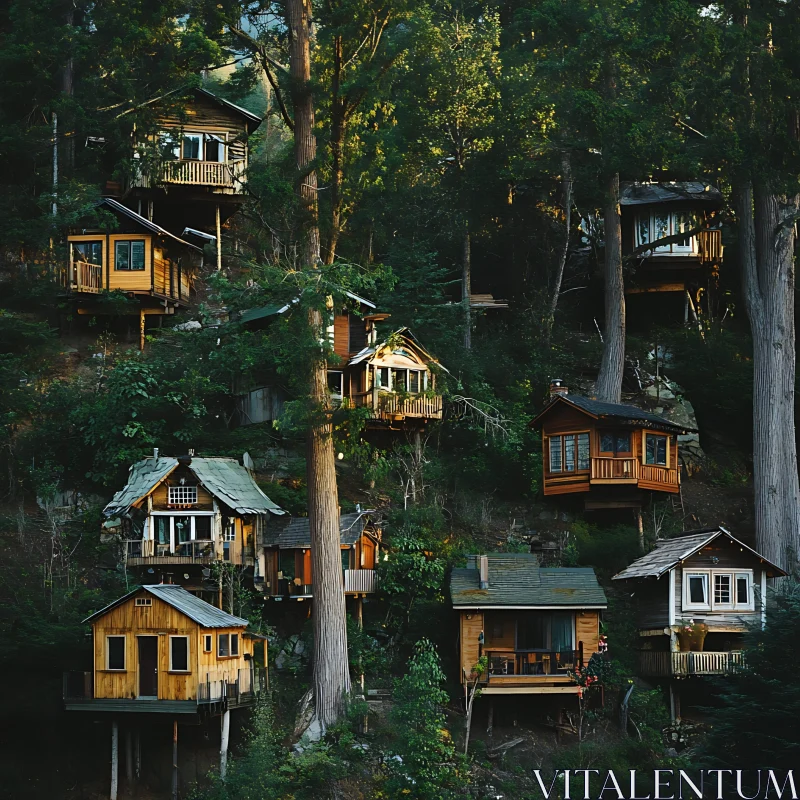 Picturesque Wooden Treehouses Amidst Tall Trees AI Image