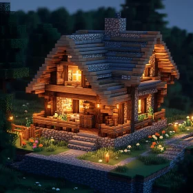 Rustic Cabin at Night in Pixel Art