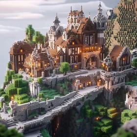 Minecraft-Style Cliffside Castle Amidst Mountains