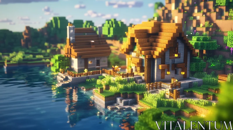 Charming Pixelated Cottage by the Lakeside AI Image