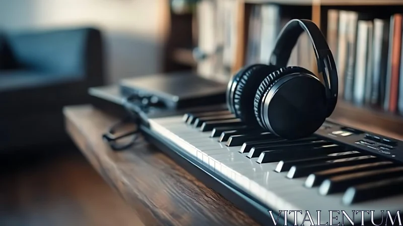 Keyboard and Headphones on Wooden Desk in Studio AI Image