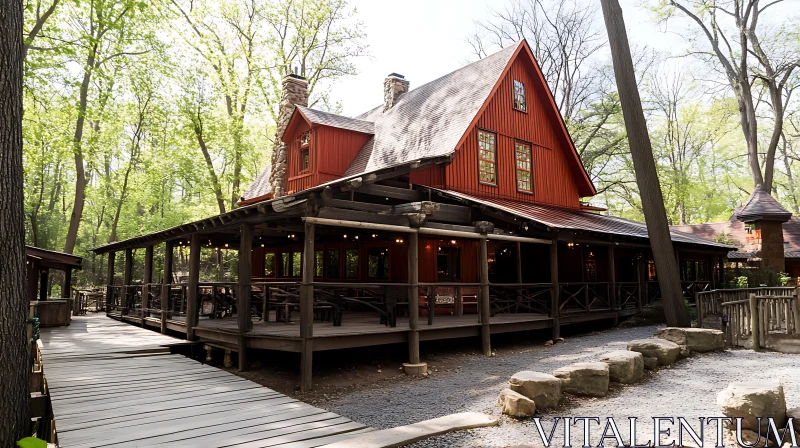 Red Wooden Cabin with Wraparound Porch in Lush Forest AI Image