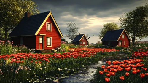 Red Houses in Tulip-Filled Landscape