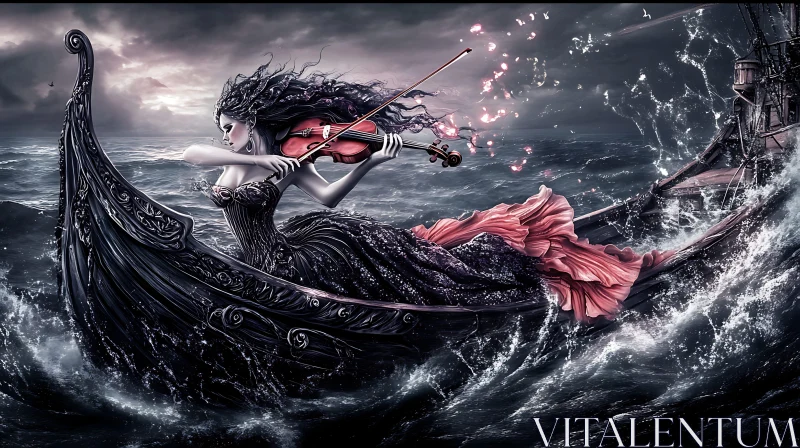 Lady Playing Violin on Boat Amidst Stormy Ocean AI Image