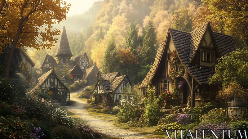 AI ART Charming Cottages in Autumnal Forest