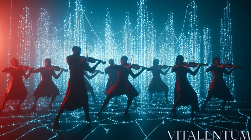 Neon Silhouettes of Violinists in a Digital Light Show AI Image