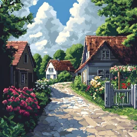 Idyllic Village Scene with Cottages and Gardens