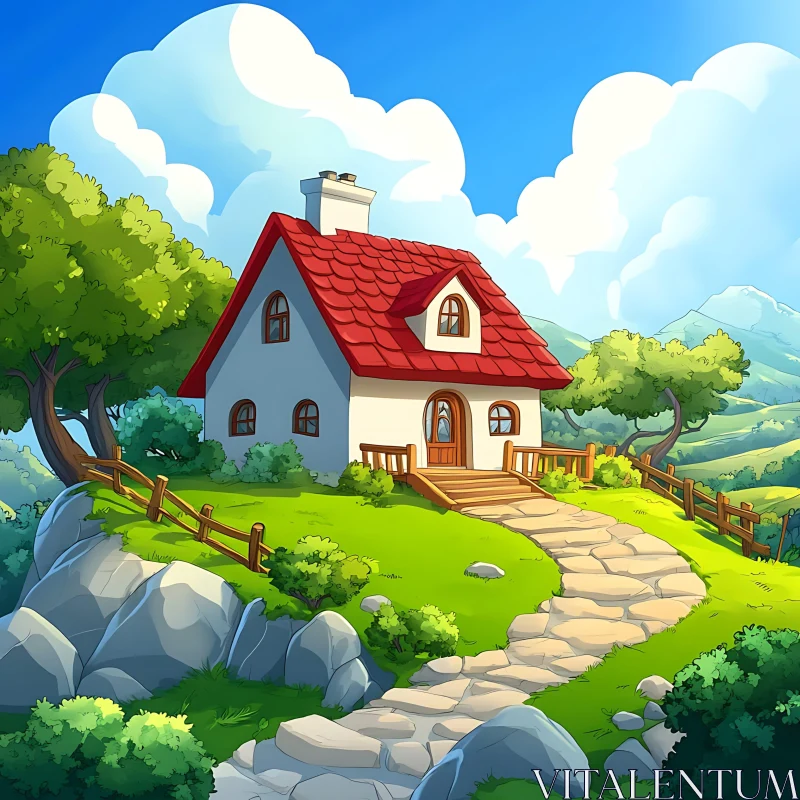 Picturesque Rural House with Stone Pathway AI Image