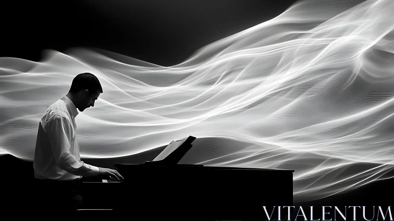 AI ART Monochrome Silhouette of Pianist with Flowing Waves