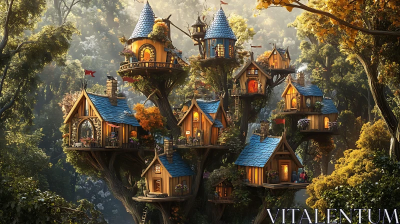 Whimsical Forest Treehouses AI Image