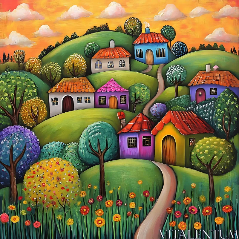 Charming Village Painting Amid Green Hills AI Image