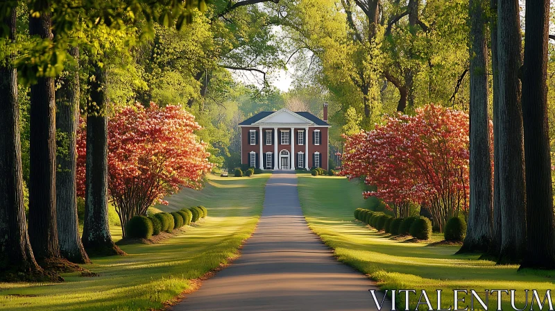 Colonial Mansion with Tree-Lined Path AI Image