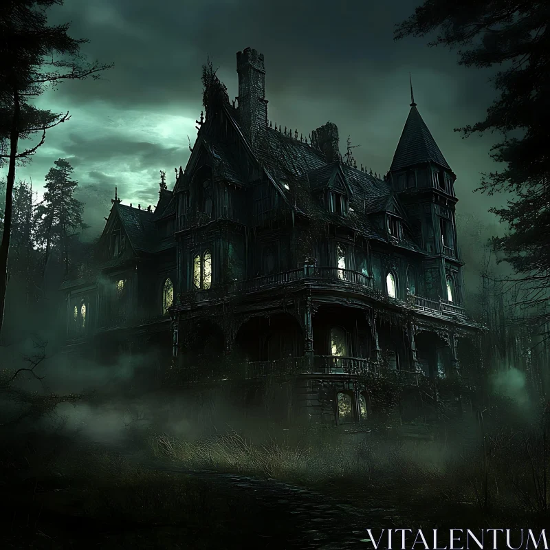 Sinister Gothic Mansion with Overgrown Garden in a Misty Forest AI Image