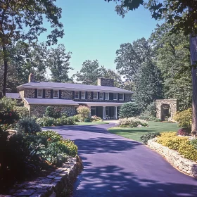 Elegant Stone House with Verdant Landscaping