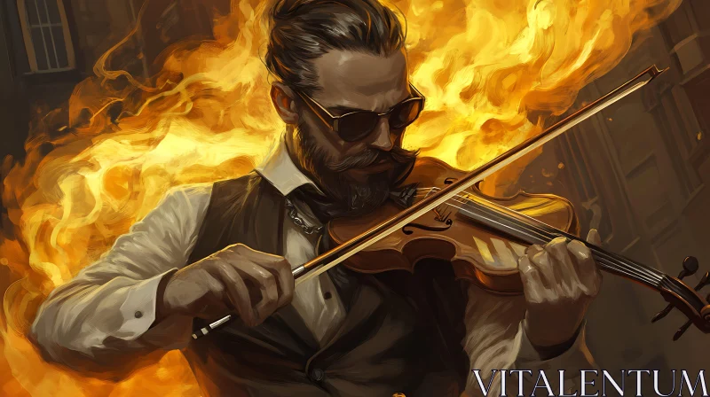 Intense Violin Performance Amidst Fire AI Image