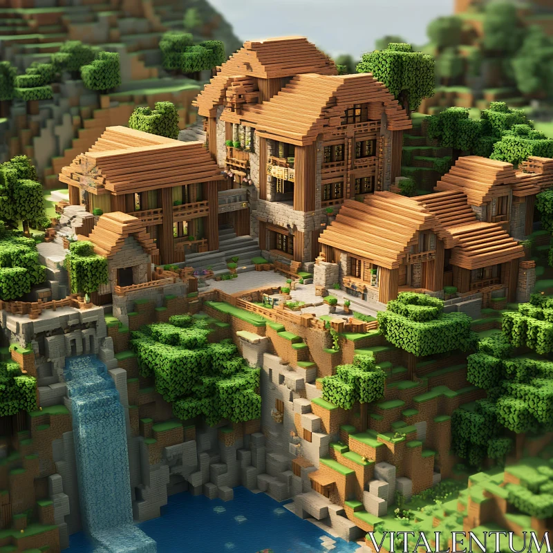 Minecraft Cliff House with Waterfall AI Image