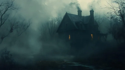 Haunted House Surrounded by Fog in a Dark Forest