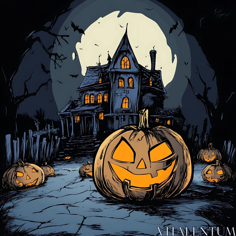 AI ART Eerie Halloween Scene with Glowing Pumpkins and Moonlit Haunted House