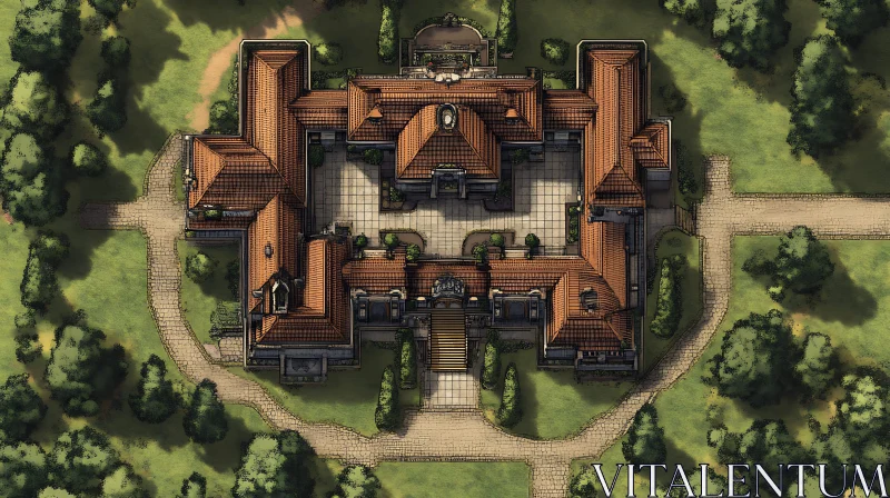 Grand Mansion Aerial Perspective with Beautiful Landscape AI Image