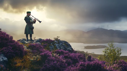 Traditional Scottish Bagpiper on Heather-Covered Hillside