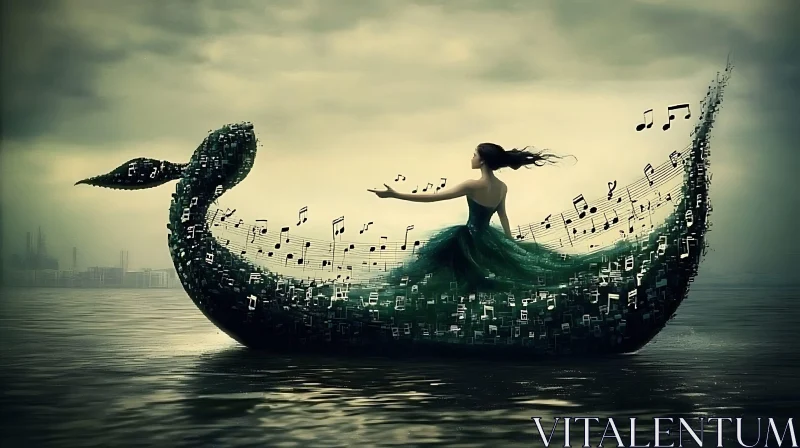 Fantasy Music Boat with Woman on Water AI Image