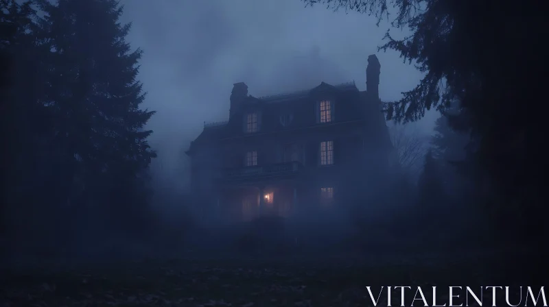 AI ART Spooky Night Mansion in Fog