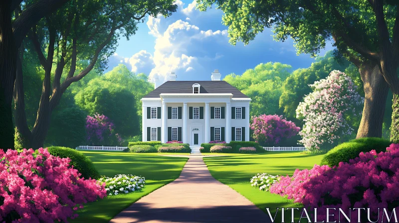 AI ART Majestic Mansion Amidst Lush Greenery and Flowers