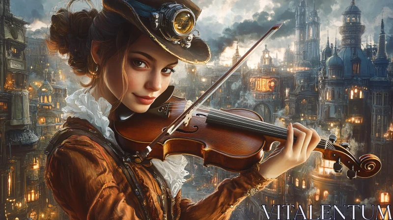 Fantasy Cityscape with Steampunk Violinist