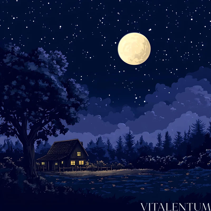 Moonlit Forest Cabin Night Scene
