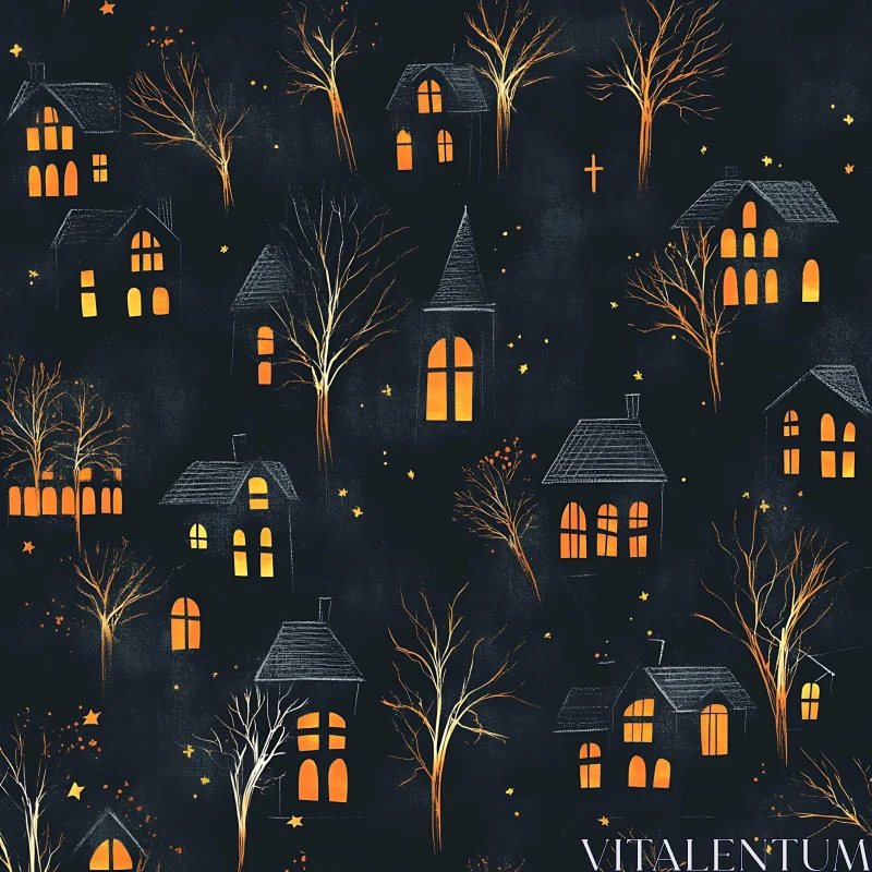 Mysterious Nightscape with Illuminated Houses