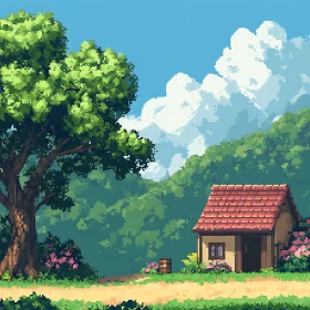 Pixel Art Landscape with Cottage and Tree