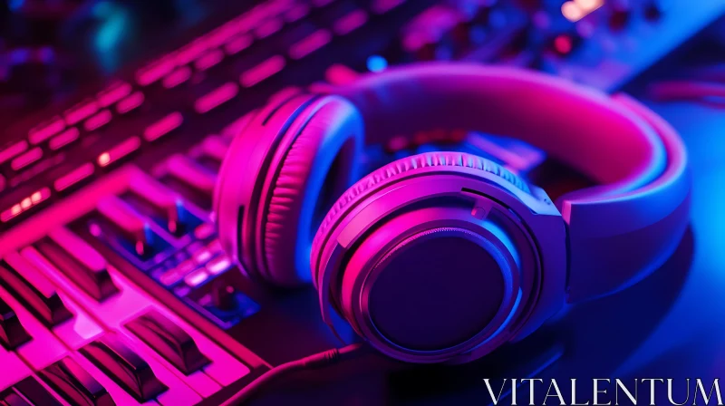 Neon-Lit Headphones and Synthesizer Close-Up