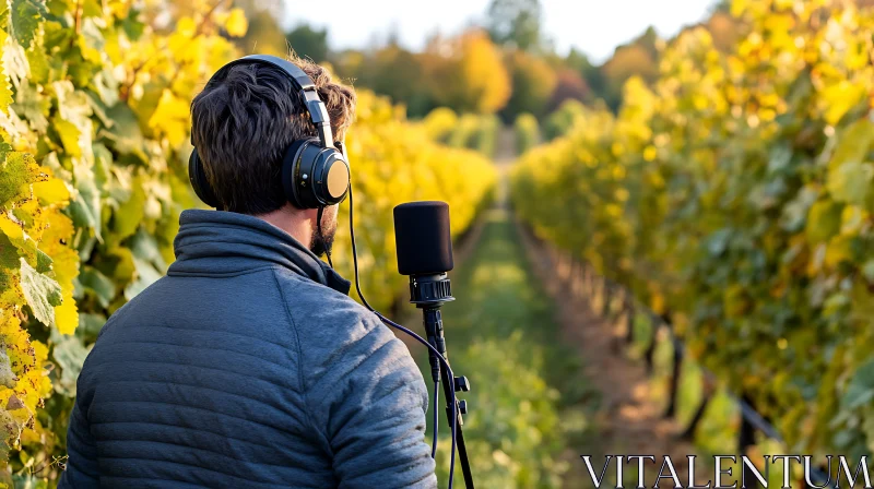 Man Recording Nature Sounds in Vineyards