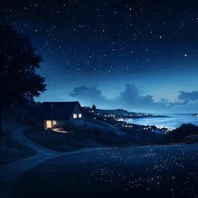Countryside Night Scene with Stars and Warm Lights