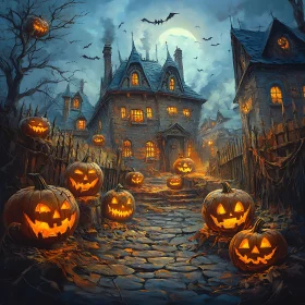 Haunted House with Glowing Pumpkins and Bats