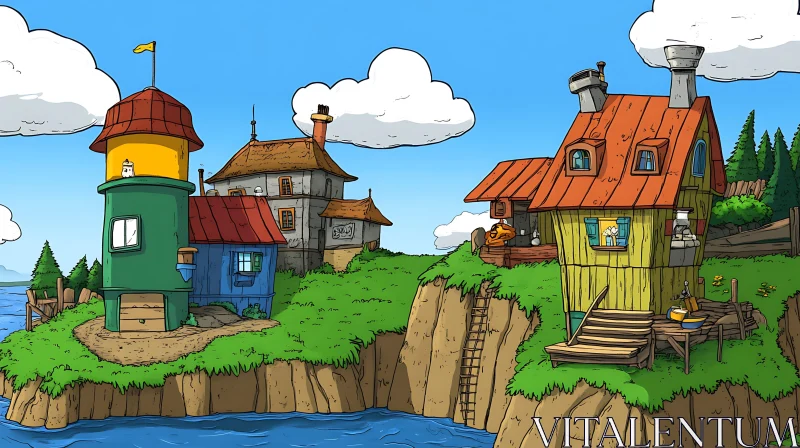 Colorful Coastal Cartoon Scene