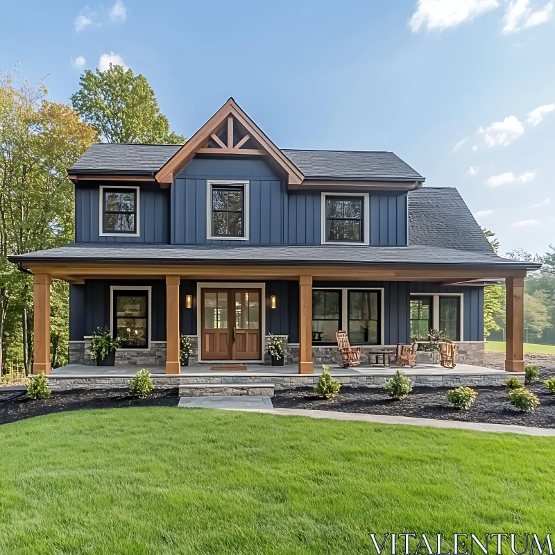 AI ART Elegant House with Blue Siding and Cozy Porch