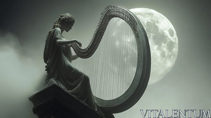 Surreal Woman Statue with Harp and Moon AI Image