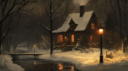 Winter Night Cabin with Lamp Post