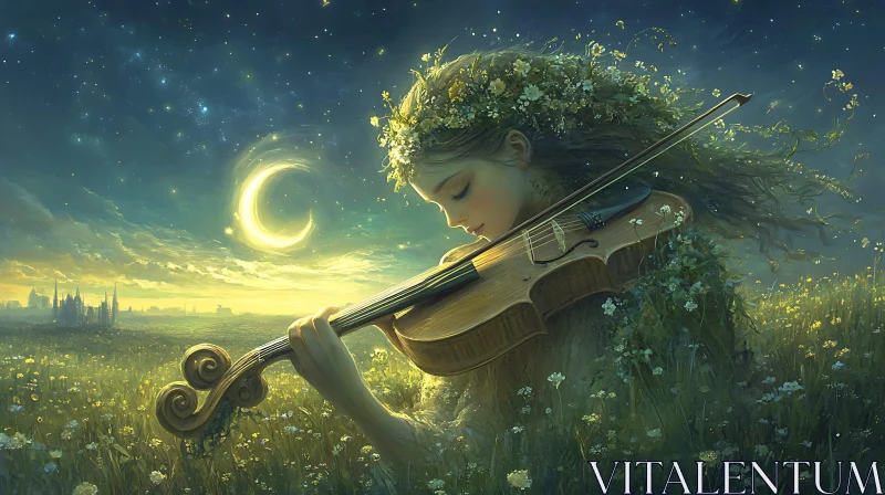 Dreamlike Moonlit Meadow with Violinist AI Image