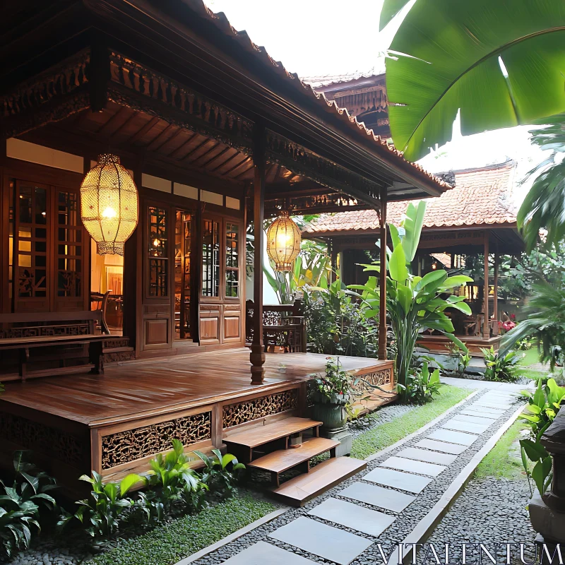 AI ART Serene Wooden House with Lanterns and Lush Greenery