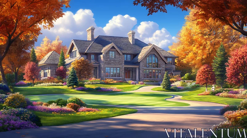 Picturesque Autumn Landscape with Stone House AI Image