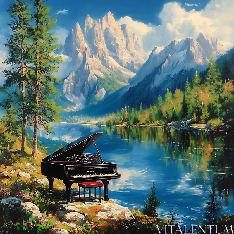 AI ART Serene Lake and Grand Piano Amidst Mountains