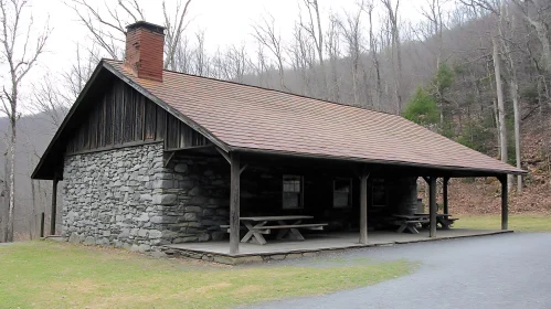 Rustic Stone Cabin Amidst Leafless Forest